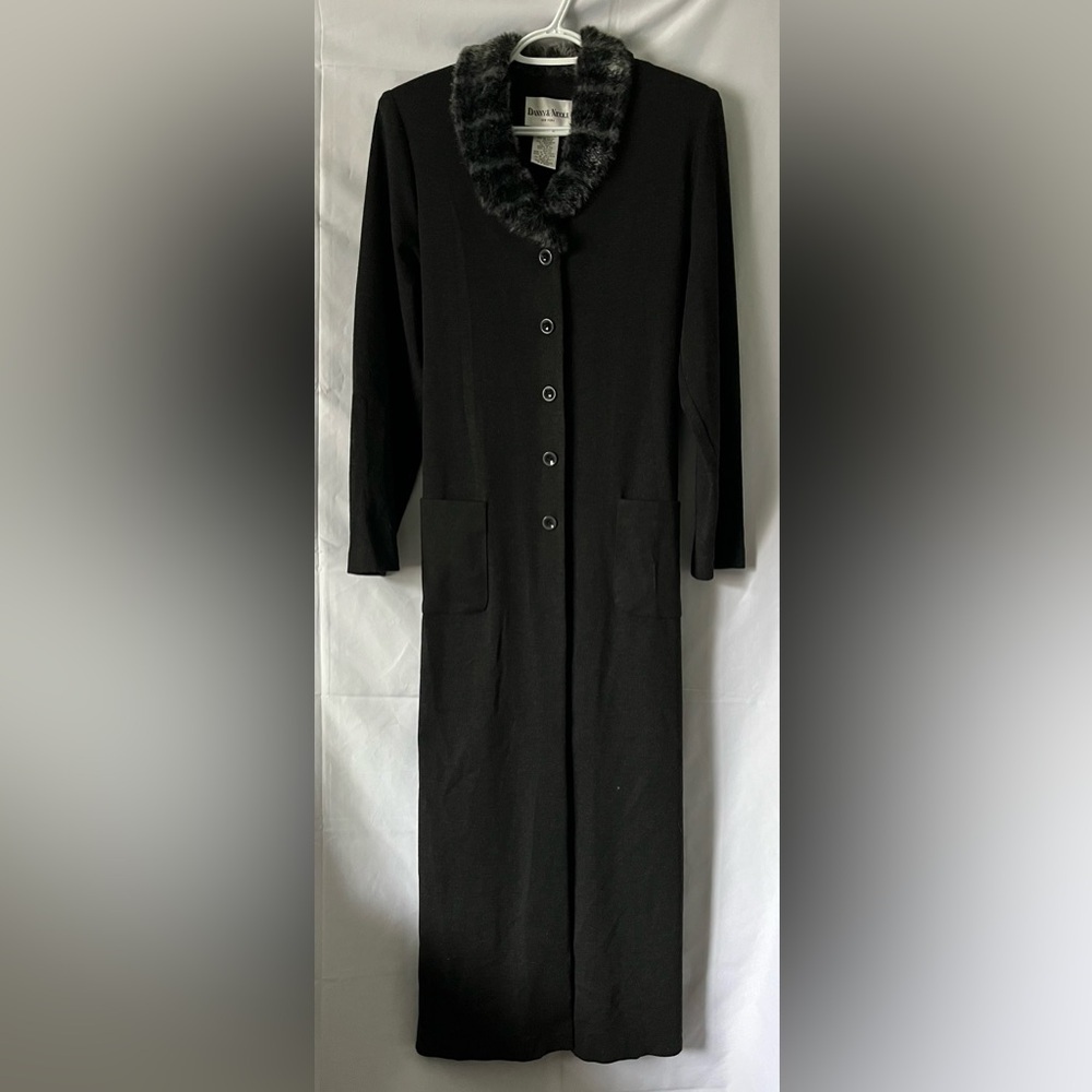 Black Long Vintage style Duster Jacket with Faux Fur Collar